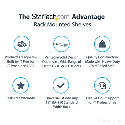 StarTech.com 1U Server Rack Shelf, Universal Rack Mount Cantilever Tray for 19" Network Equipment Rack/Cabinet, Heavy Duty Steel, Weight Capacity 33lb/15kg, 7in (18cm) Deep