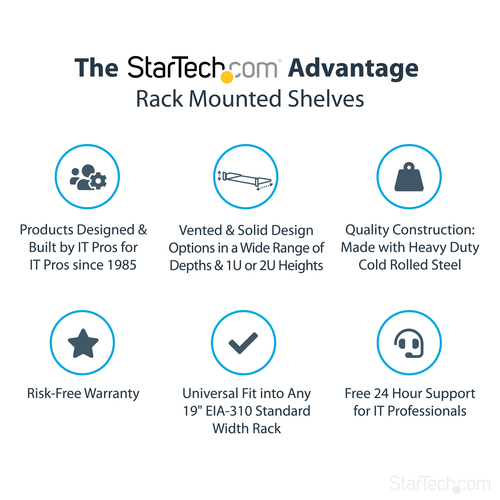 StarTech.com 2U Server Rack Shelf - Universal Rack Mount Cantilever Shelf for 19" Network Equipment Rack & Cabinet - Heavy Duty Steel – Weight Capacity 125lb/56kg - 18" Deep Tray, Black