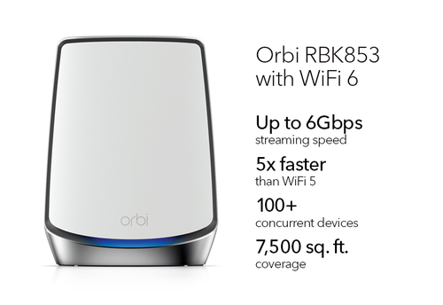 NETGEAR Orbi RBK853 AX6000 WiFi 6 Mesh System Tri-band (2.4 GHz / 5 GHz / 5 GHz) Wi-Fi 6 (802.11ax) Grey 4 Internal