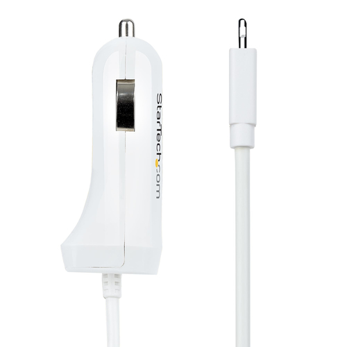 StarTech.com Lightning Car Charger with Coiled Cable, 1m Coiled Lightning Cable, 12W, White, 2 Port USB Car Charger Adapter for Phones and Tablets, Dual USB In Car iPhone Charger