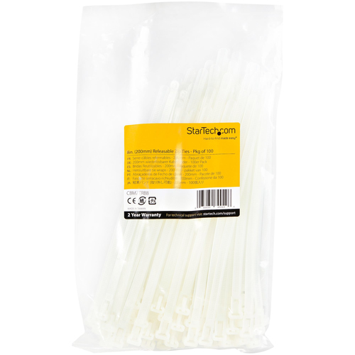 StarTech.com 8"(20cm) Reusable Cable Ties - 1/4"(7mm) wide, 1-7/8"(50mm) Bundle Dia. 50lb(22kg) Tensile Strength, Releasable Nylon Ties, Indoor/Outdoor, 94V-2/UL Listed, 100 Pack - White