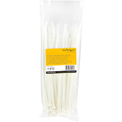 StarTech.com 10"(25cm) Reusable Cable Ties - 1/4"(7mm) wide, 2-1/2"(65mm) Bundle Dia. 50lb(22kg) Tensile Strength, Releasable Nylon Ties, Indoor/Outdoor, 94V-2/UL Listed, 100 Pack - White
