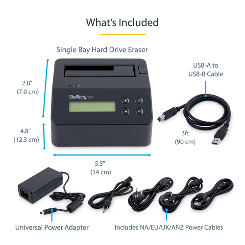 StarTech.com Single Bay Hard Drive Eraser, Standalone HDD/SSD Sanitizer, USB 3.0 to SATA II (3 Gbps), 9 Erase Modes, LCD Display, Secure Erase Hard Disk Sanitizer Dock, DB-9 Printer Port, TAA Compliant