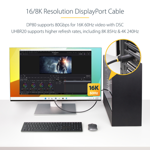 StarTech.com 1m DisplayPort 2.1 Cable, VESA Certified DP80 DisplayPort Cable w/UHBR20/HDR/DSC 1.2a/HDCP 2.2, 16K/8K 60Hz, 4K 240Hz, 80Gbps, DP 2.1 Cable, UHD Monitor Cord, M/M