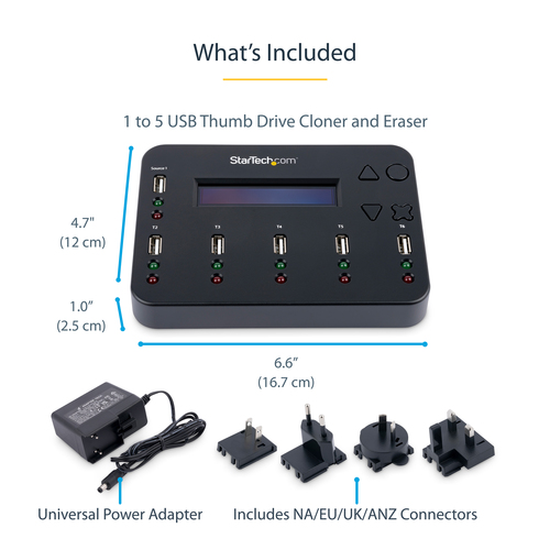 StarTech.com Standalone 1 to 5 USB Thumb Drive Duplicator and Eraser, Multiple USB Flash Drive Copier, System and File and Whole-Drive Copy at1.5 GB/min, Single and 3-Pass Erase, LCD Display - TAA