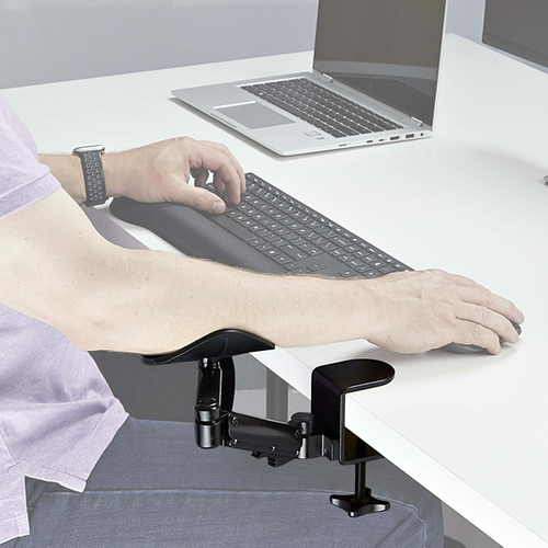 StarTech.com Adjustable Arm Rest for Office Desk, Ergonomic Arm/Elbow Support, 360-Degree Rotation, Clamp-On/No Drill Installation, Black