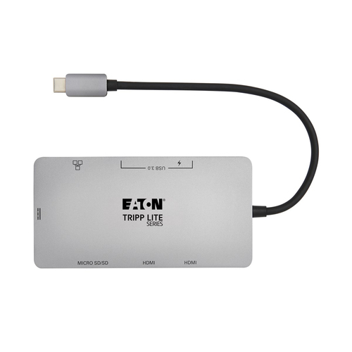 Tripp Lite U442-DOCK8G-GG USB-C Dock, Dual Display - 4K 60 Hz HDMI, USB 3.x (5Gbps) Hub Ports, GbE, Memory Card, 100W PD Charging, Gray