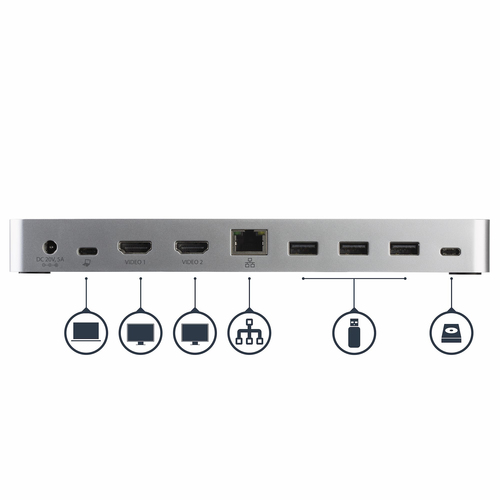 StarTech.com Dual Monitor USB C Docking Station with 60W Power Delivery for Windows Laptops - USB C to HDMI / DVI Dock - USB 3.1 Gen 1 Type C Dock w/ Charging - Thunderbolt 3 Compatible