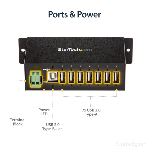 StarTech.com 7-Port USB 2.0 Hub - Metal Industrial USB-A Hub with ESD Protection & 350W Surge Protection - Din Rail, Wall or Desk Mountable - TAA Compliant USB Expander Hub
