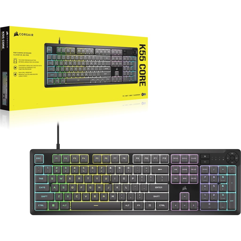 Corsair Gaming K55 Core RGB Gaming Keyboard, Full-Size (100%), Rubber Dome - Gray, ISO (DE)