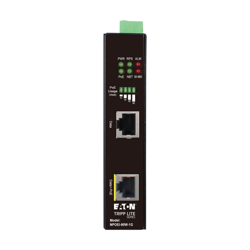 Tripp Lite NPOEI-90W-1G Industrial Gigabit Ethernet PoE injector, 90W PoE++, 802.3bt, Midspan, -40℃ to +75℃, IP30 housing, Dual 24-57VDC , DIN rail, 1 Port