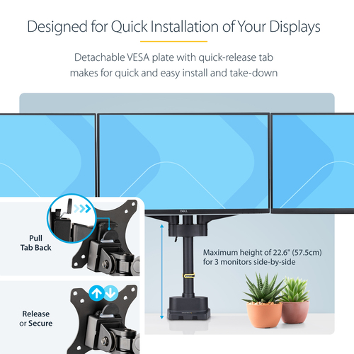 StarTech.com Triple Monitor Desk Mount For Up To Three 27in Screens, VESA 75x75/100x100, Tool-Less Arm Adjustments, C-Clamp/Grommet Mount, Spring-Assisted Arms
