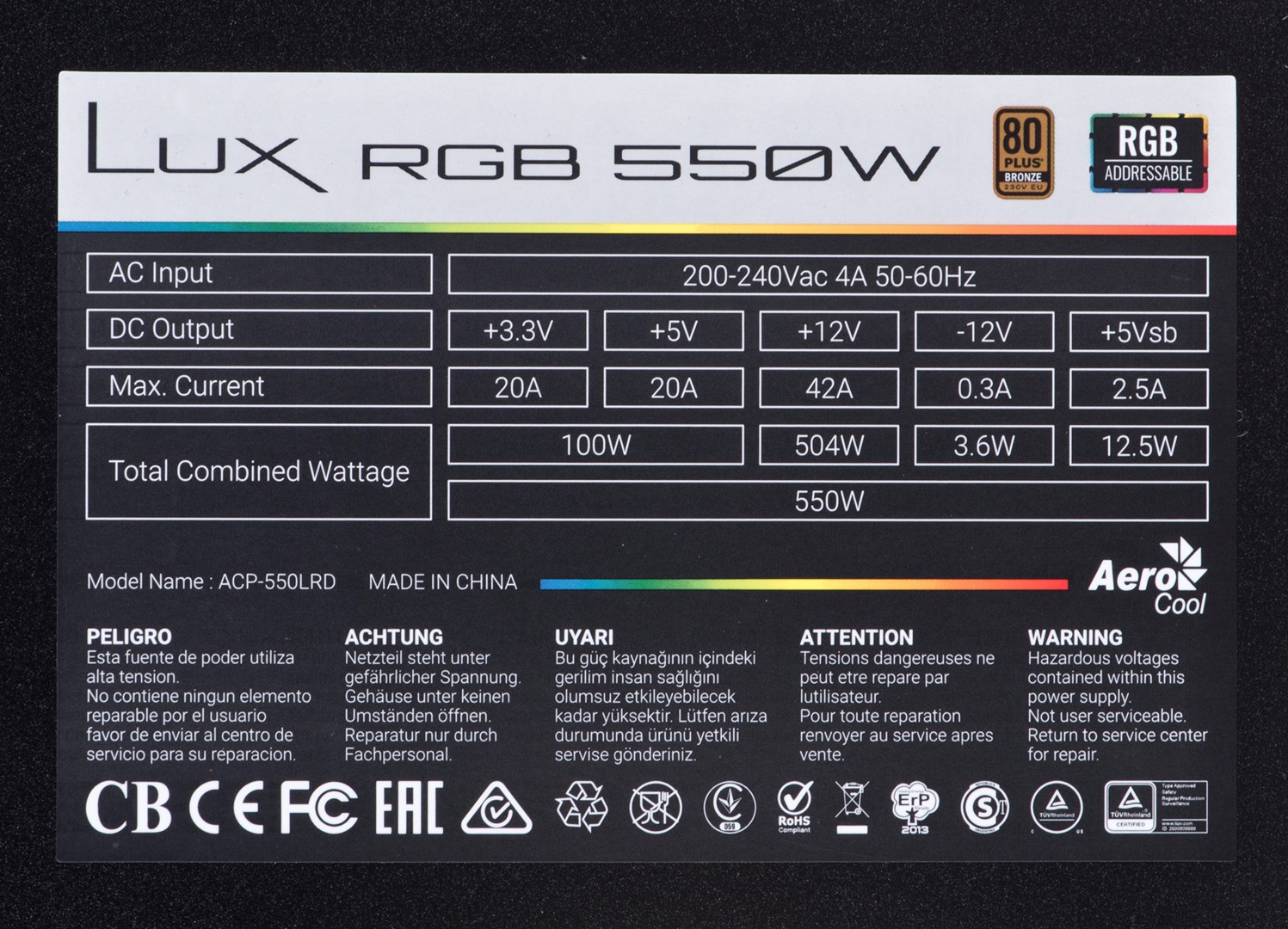 Aerocool LUXRGB550M RGB Modular PC Power Supply 550W 80Plus Bronze 230V Black