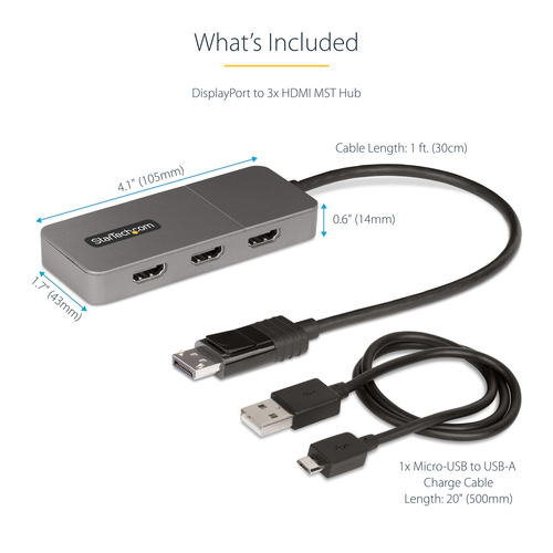 StarTech.com 3-Port MST Hub - DisplayPort to 3x HDMI, Triple 4K 60Hz Monitors, DP 1.4 Multi-Monitor Video Adapter, 1ft (30cm) Built-in Cable, USB Powered, Windows Only