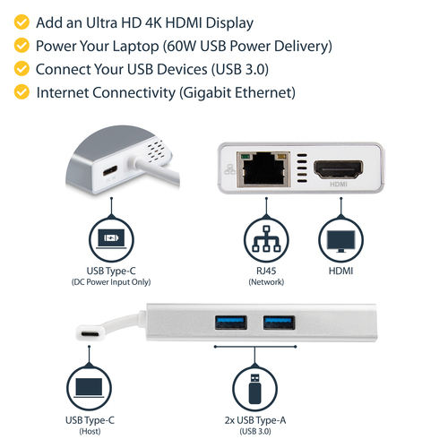 StarTech.com USB-C Multiport Adapter - USB-C Travel Docking Station w/ 4K HDMI - 60W Power Delivery Pass-Through, GbE, 2pt USB-A 3.0 Hub - Portable Mini USB Type-C Dock for Laptop - White