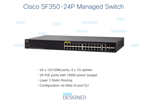 Cisco SF350-24P Managed Switch | 24 10/100 PoE Ports | 185W Ports | 4 Gigabit Ethernet (GbE) Combo SFP | Limited Lifetime Protection (SF350-24P-K9-UK)