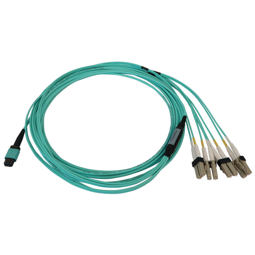 Tripp Lite N844X-05M-8L-P 40/100/400G Multimode 50/125 OM3 Fiber Optic Cable (12F MTP/MPO-PC to 4x Duplex LC/PC F/M), LSZH, Aqua, 5 m (16.4 ft.)