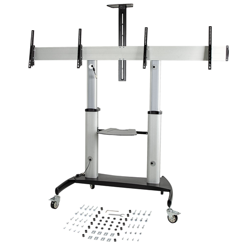 StarTech.com Dual TV Cart for 37-60in VESA TVs up to 110lb/50kg each - Height Adjustable TV Mount, Mobile Display Cart w/ Equipment Shelves - Rolling TV Cart on Wheels - Rolling TV Stand