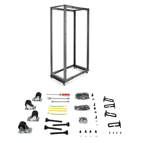 StarTech.com 4-Post 42U Mobile Open Frame Server Rack, Four Post 19" Network Rack with Wheels, Rolling Rack with Adjustable Depth for Computer/AV/Data/IT Equipment - Casters, Leveling Feet or Floor Mounting