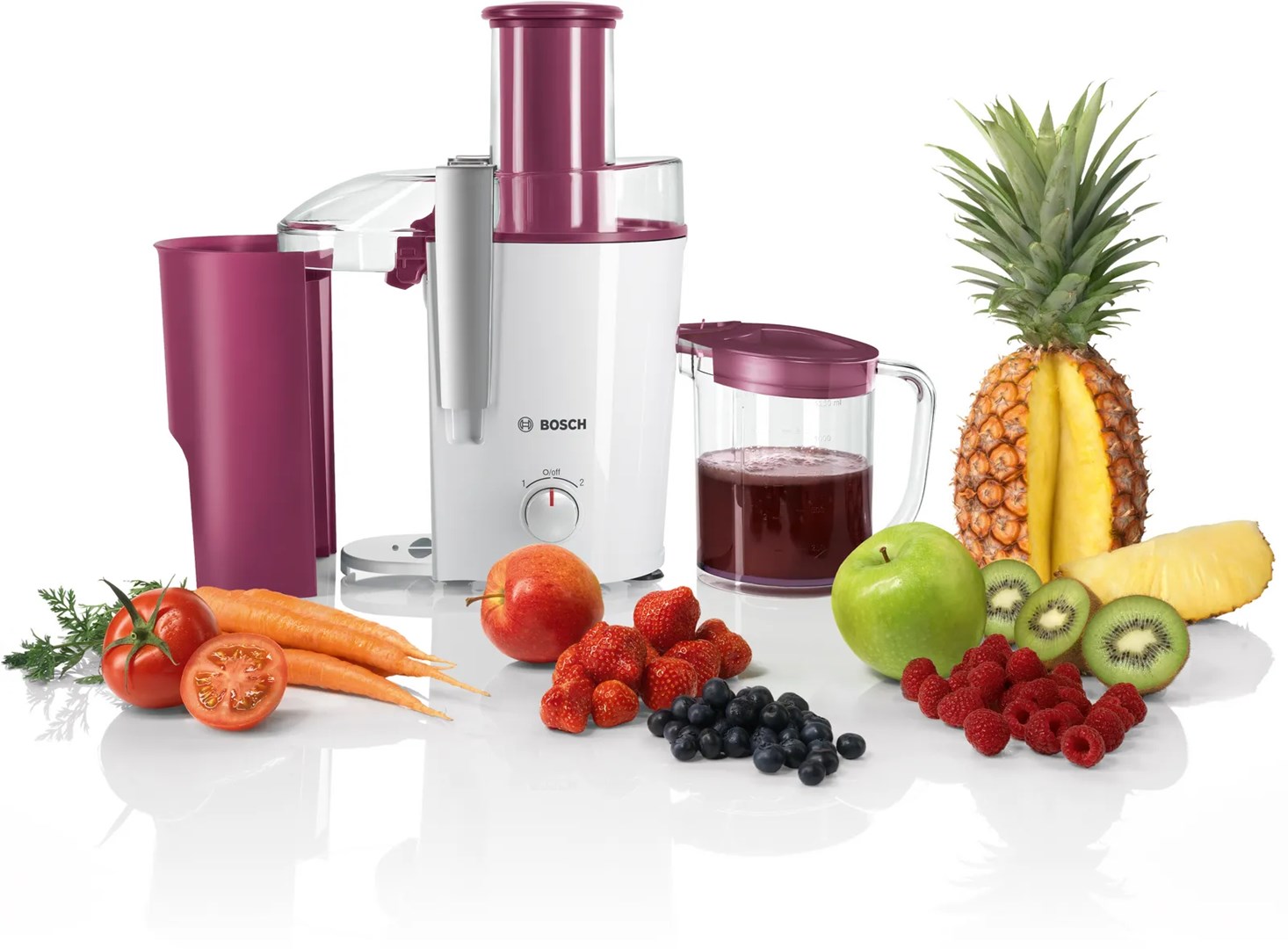Bosch MES25C0 juice maker Centrifugal juicer 700 W Cherry (fruit), Transparent, White