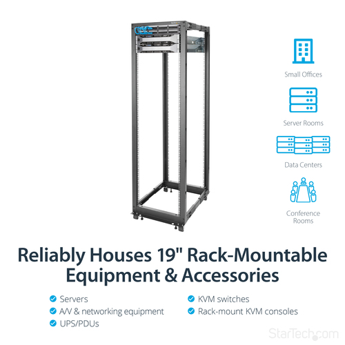 StarTech.com 4-Post 42U Mobile Open Frame Server Rack, Four Post 19" Network Rack with Wheels, Rolling Rack with Adjustable Depth for Computer/AV/Data/IT Equipment - Casters, Leveling Feet or Floor Mounting