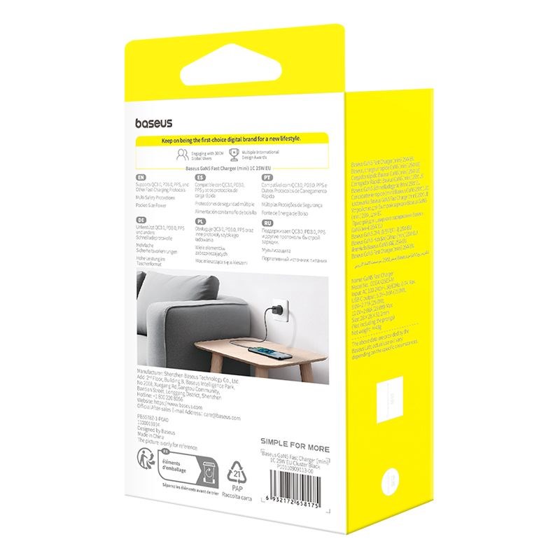 Baseus P10110909113-01 USB-C GaN5 mini 25W mains charger Black