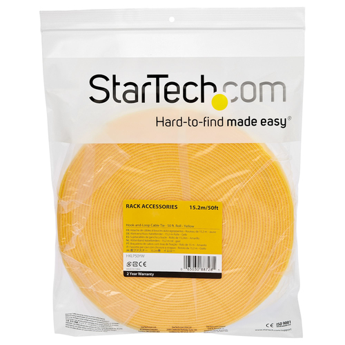 StarTech.com 50ft Hook and Loop Roll - Cut-to-Size Reusable Cable Ties - Bulk Industrial Wire Fastener Tape /Adjustable Fabric Wraps Yellow / Resuable Self Gripping Cable Management Straps