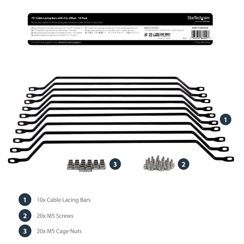 StarTech.com Horizontal Cable Lacing Bars with 4 in. Offset for Racks - 10 Pack