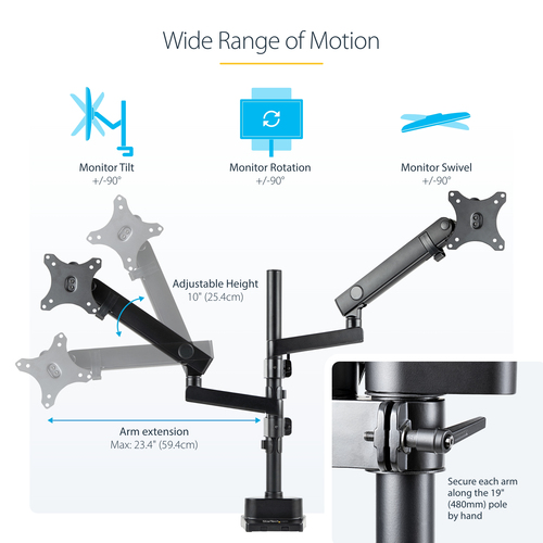 StarTech.com Desk Mount Dual Monitor Arm, Full Motion Monitor Mount for 2x VESA Displays up to 32" (17.6lb/8kg), Height Adjustable, Clamp/Grommet Mount, Mechanical Spring