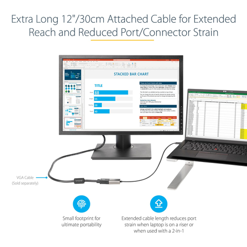 StarTech.com USB C to VGA Adapter - 1080p USB Type-C to VGA Adapter Dongle - USB-C (DP Alt Mode) to VGA Monitor/Display Video Converter - Thunderbolt 3 Compatible - 12" Long Attached Cable - Upgraded Version of CDP2VGA
