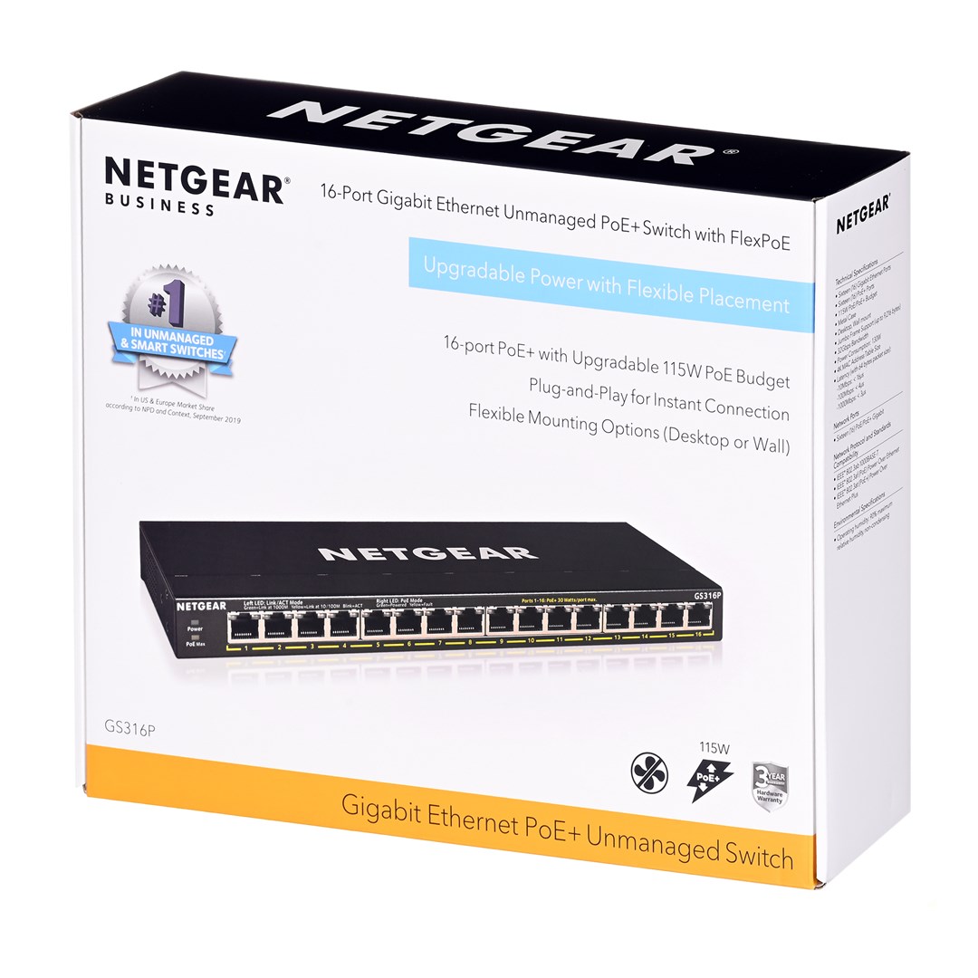 NETGEAR GS316P Unmanaged Gigabit Ethernet (10/100/1000) Power over Ethernet (PoE) Black