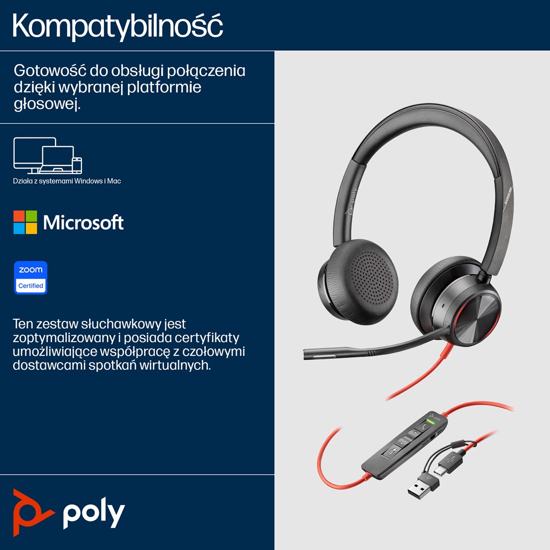Poly Blackwire 8225 Stereo USB-C Headset +USB-C/A Adapter