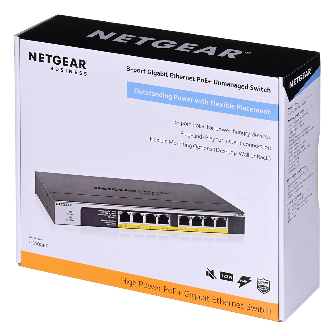 NETGEAR GS108PP Unmanaged Gigabit Ethernet (10/100/1000) Power over Ethernet (PoE) Black