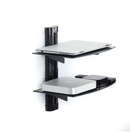 StarTech.com Dual Floating Wall-Mounted AV Shelves, Adjustable Height Shelf For Under TV, Organize A/V Equipment On Black Tempered Glass Shelves