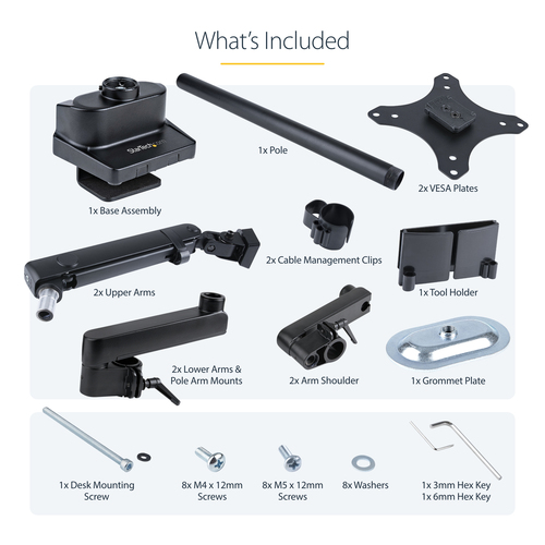 StarTech.com Desk Mount Dual Monitor Arm, Full Motion Monitor Mount for 2x VESA Displays up to 32" (17.6lb/8kg), Height Adjustable, Clamp/Grommet Mount, Mechanical Spring