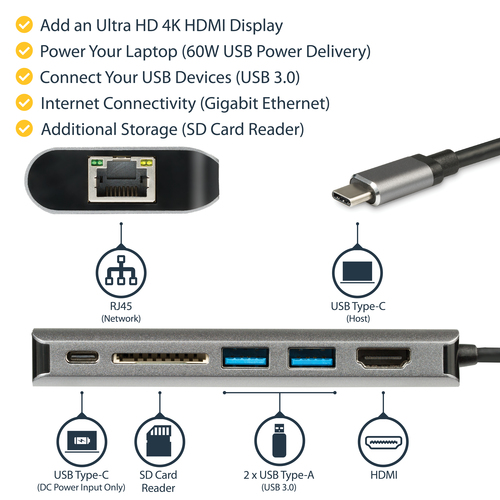 StarTech.com USB C Multiport Adapter, Portable USB-C Dock to 4K HDMI, 2-pt USB 3.0 Hub, SD/SDHC, GbE, 60W PD Pass-Through - USB Type-C/Thunderbolt 3 - REPLACED BY DKT30CHSDPD1