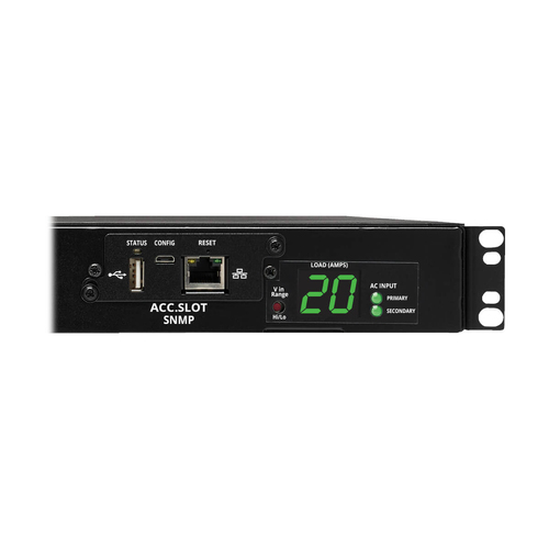 Tripp Lite PDUMH20HVATNET 3.8kW Single-Phase Switched Automatic Transfer Switch PDU, Two 200-240V C20 Inlets, 8 C13 & 2 C19 Outputs, 1U, TAA