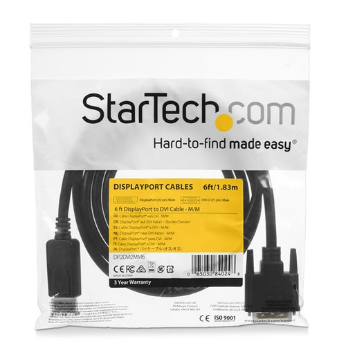 StarTech.com 6ft (1.8m) DisplayPort to DVI Cable, DisplayPort to DVI Adapter Cable, Passive DP to DVI-D Video Converter, 1080p - Replacement for DP2DVIMM6