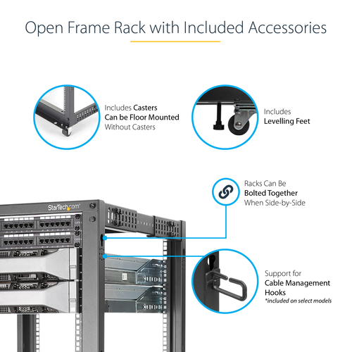 StarTech.com 4-Post 12U Mobile Open Frame Server Rack, Four Post 19" Network Rack with Wheels, Rolling Rack with Adjustable Depth for Computer/AV/Data/IT Equipment - Casters, Leveling Feet or Floor Mounting