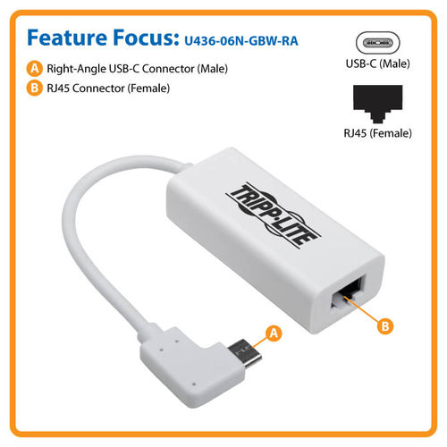 Tripp Lite U436-06N-GBW-RA USB-C to Gigabit Network Adapter with Right Angle USB-C, Thunderbolt 3 Compatibility - White
