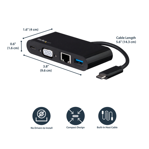 StarTech.com USB C Multiport Adapter - Mini USB-C Dock w/ Single Monitor VGA 1080p Video - 60W Power Delivery Passthrough - USB 3.1 Gen 1 Type-A 5Gbps, Gigabit Ethernet - Docking Station