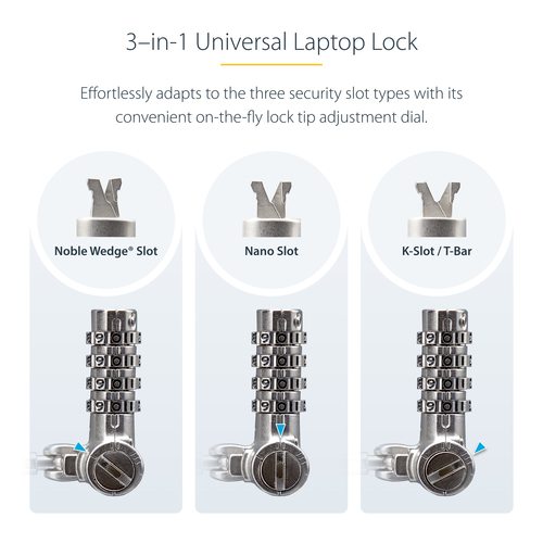 StarTech.com Universal Laptop Lock 6.6ft (2m), Security Cable For Notebook Compatible With Noble Wedge®/Nano/K-Slot; Keyless Combination Locking Cable, Anti-Theft Cut-Resistant Steel Cable