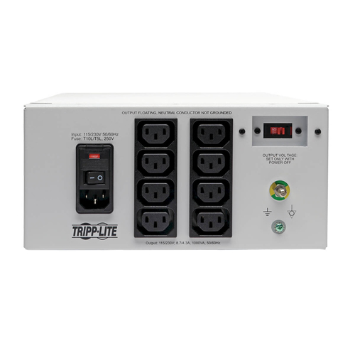 Tripp Lite IS1000HGDV Isolator Series Dual-Voltage 115/230V 1000W 60601-1 Medical-Grade Isolation Transformer, C14 Inlet, 8 C13 Outlets