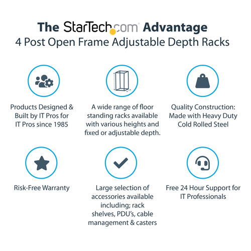 StarTech.com 4-Post 25U Mobile Open Frame Server Rack, Four Post 19in Network Rack with Wheels, Rolling Rack with Adjustable Depth for Computer/AV/Data/IT Equipment - Casters, Leveling Feet or Floor Mounting