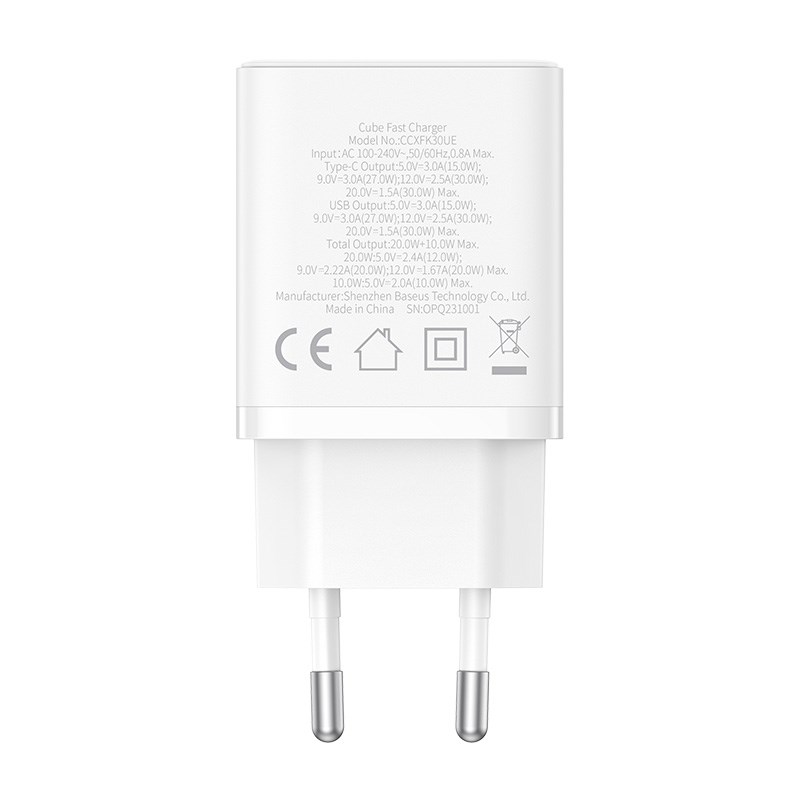 Baseus P10111404213-00 Cube USB-C / USB-A 30W mains charger White