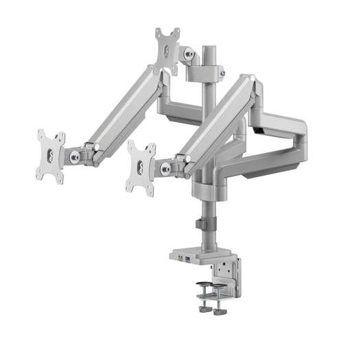 Tripp Lite DDR1730TAL Triple-Display Gas-Spring Flex-Arm Desktop Clamp and Grommet for 17” to 30” Flat-Screen Displays - USB and Audio Ports, Aluminum
