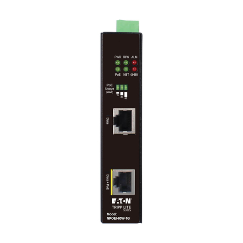 Tripp Lite NPOEI-60W-1G Industrial Gigabit Ethernet PoE injector, 60W PoE++, 802.3bt, Midspan, -40℃ to +75℃, IP30 housing, Dual 24-57VDC , DIN rail, 1 Port