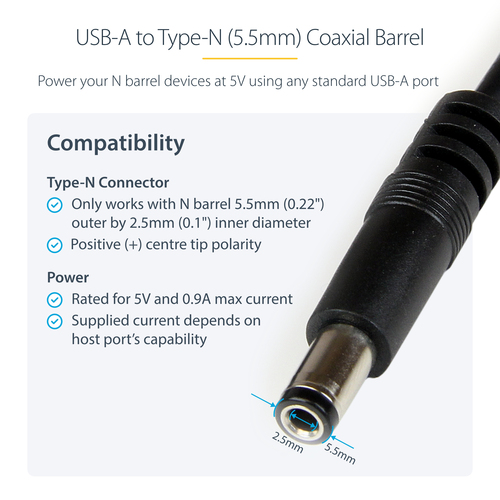 StarTech.com USB to 5.5mm Power Cable - Type N Barrel - 1m