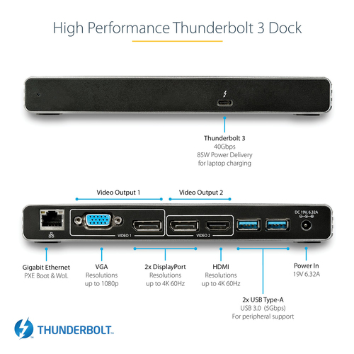 StarTech.com Thunderbolt 3 Dock - Dual 4K 60Hz Monitor TB3 Laptop Docking Station with DisplayPort, HDMI & 1080p VGA - 85W Power Delivery & Charging - 2x USB-A, Ethernet - Mac & Windows