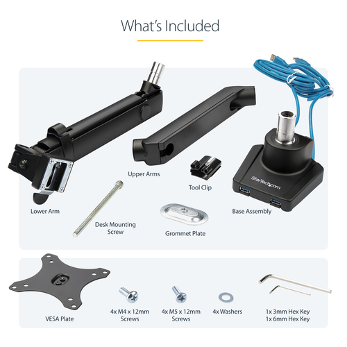 StarTech.com Desk Mount Monitor Arm with 2x USB 3.0 ports, Slim Full Motion Single Monitor Mount, up to 34" (17.6lb/8kg) VESA Display, Clamp/Grommet Mount, Mechanical Spring